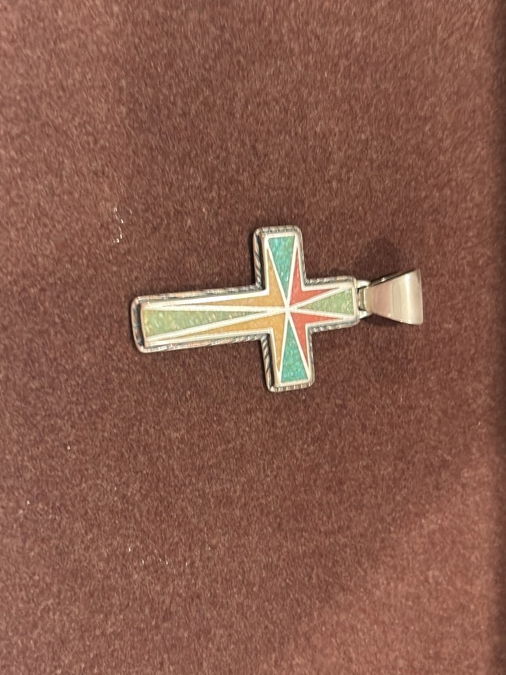 Sterling Silver Multicolor Inlay Cross Pendant - Turquoise, Coral, Green
